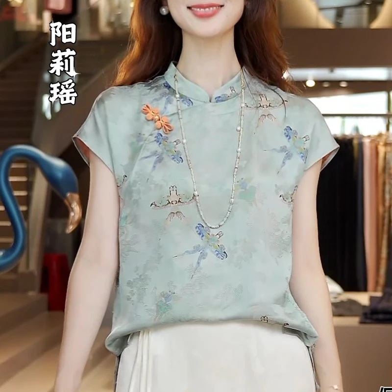 2025年时尚新中式上衣短袖女夏季斜襟提花衬衫年轻款立领国风小衫