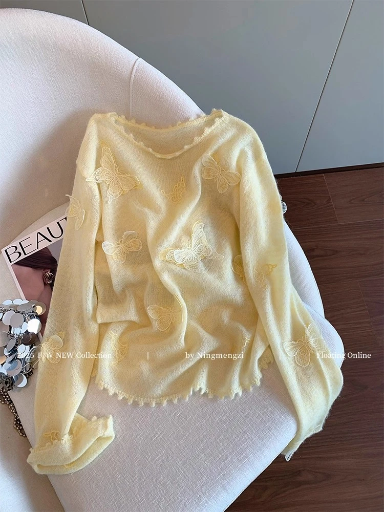 慵懒风黄色蝴蝶刺绣马海毛毛衣女2025秋季新款法式气质软糯针织衫