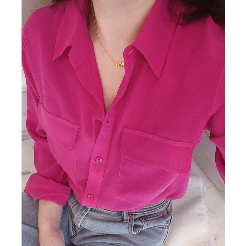 法式经典气质百搭软糯砂洗高级宽松休闲口袋洋气紫红人丝衬衫0524