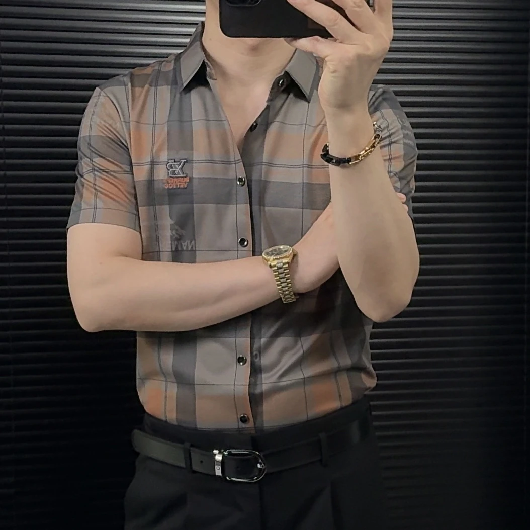 男士（桑蚕丝）抗皱免烫印花衬衫短袖韩版薄款痞帅