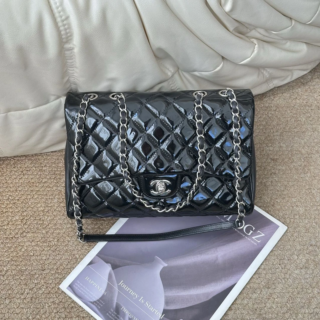 95新 Chanel/香奈儿 Chanel 黑银 漆皮cf风琴口盖包/678247343