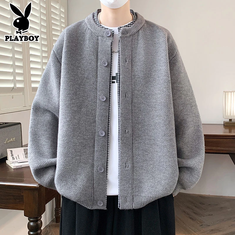 花花公子2025秋冬新款男士针织开衫宽松假两件时尚百搭休闲外套潮
