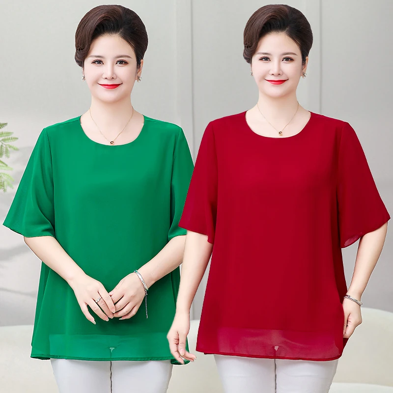 225斤加大码夏季遮肚洋气女装中老年宽松纯色中袖小衫短袖雪纺衫