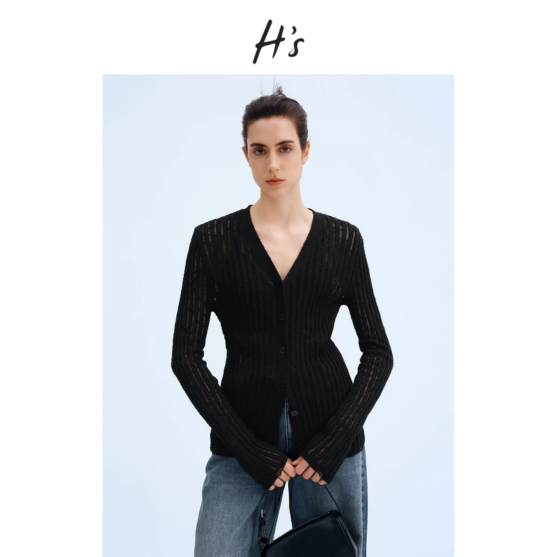 【内购会】HS竹节棉纱针织衫女25春V领设计镂空修身轻薄上衣