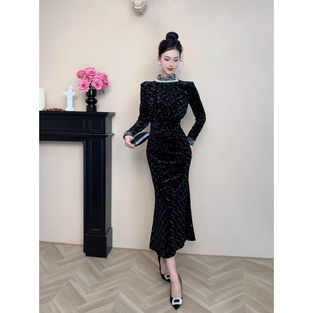 新款时尚黑色法式优雅显瘦修身连衣裙45045