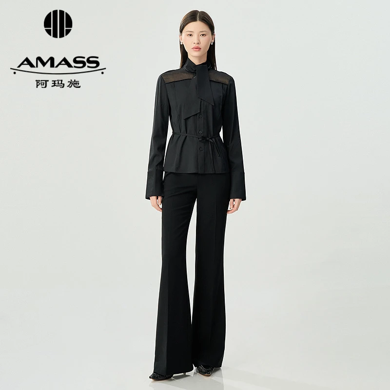 阿玛施AMASS春夏优雅蕾丝拼接飘带丝质衬衫长袖短阿玛施白衬衫