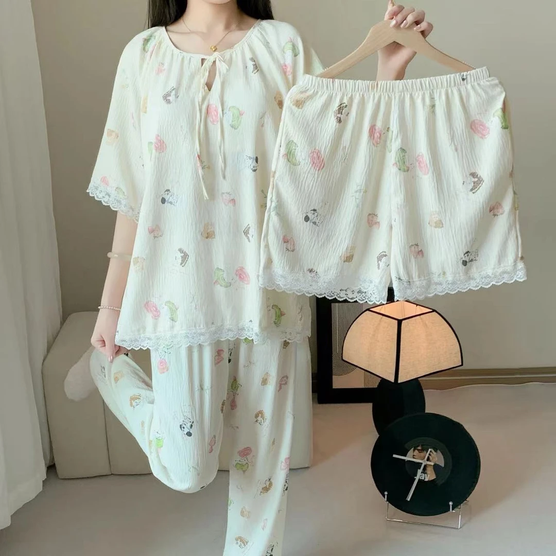 女士夏季舒适透气云朵棉三件套家居服套装88006
