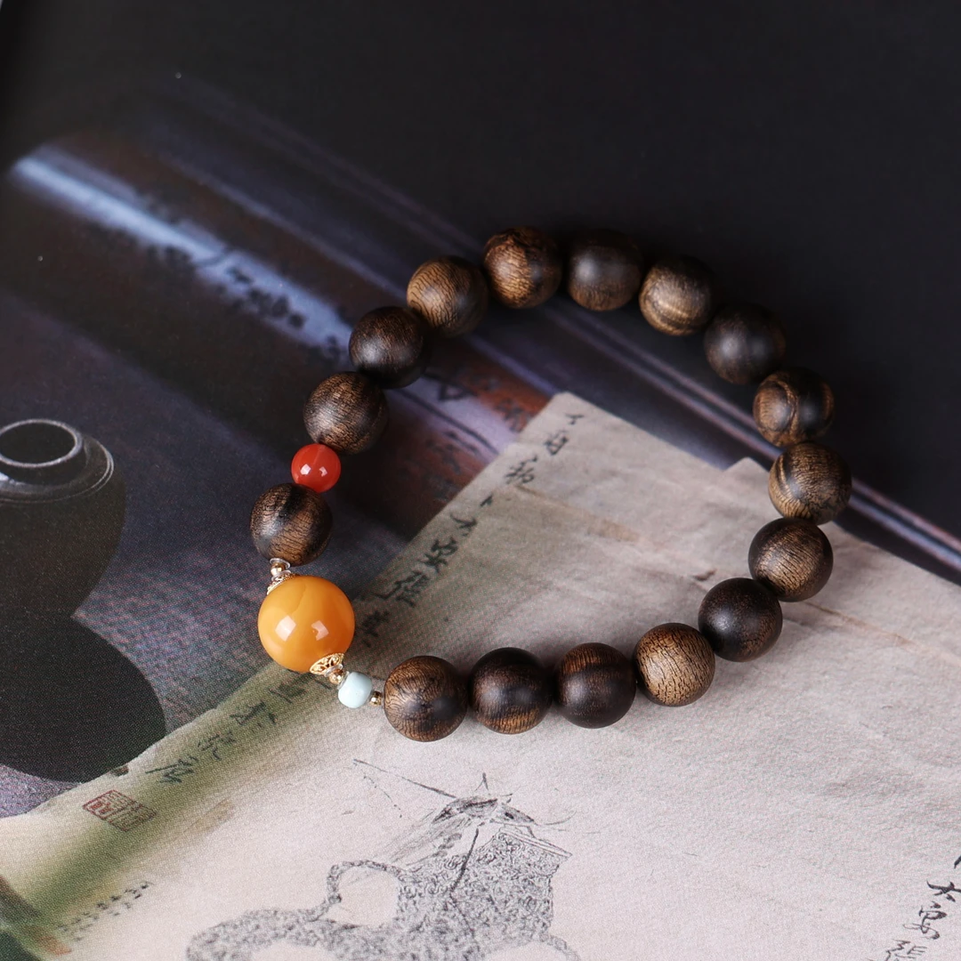 沉香【奇香堂】沉香手串-沉水留疤老白棋1.0蜜蜡南红设计款单圈