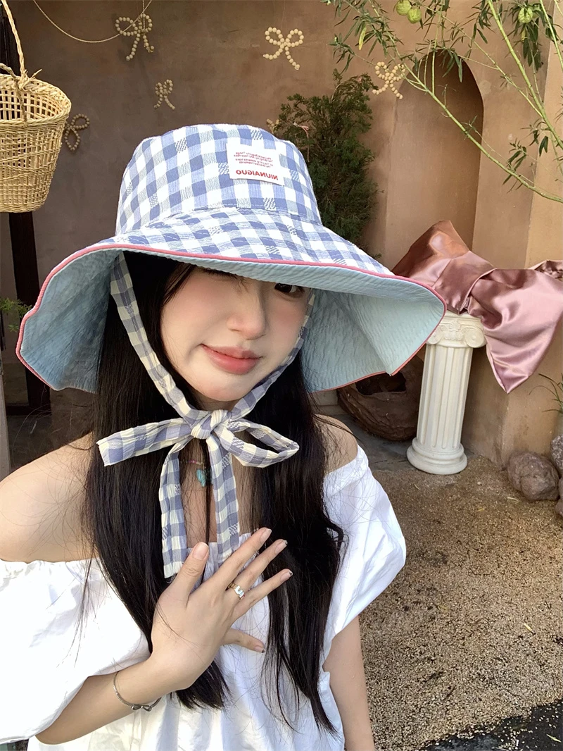日系格子渔夫帽女夏季遮阳帽子大檐显脸小双面戴太阳帽可折叠