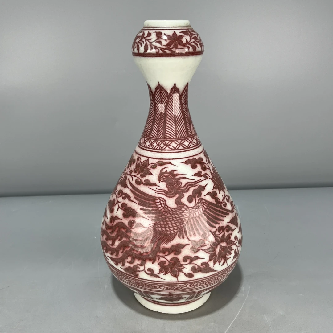 当代仿制 仿古釉里红花卉麒麟凤纹蒜头瓶