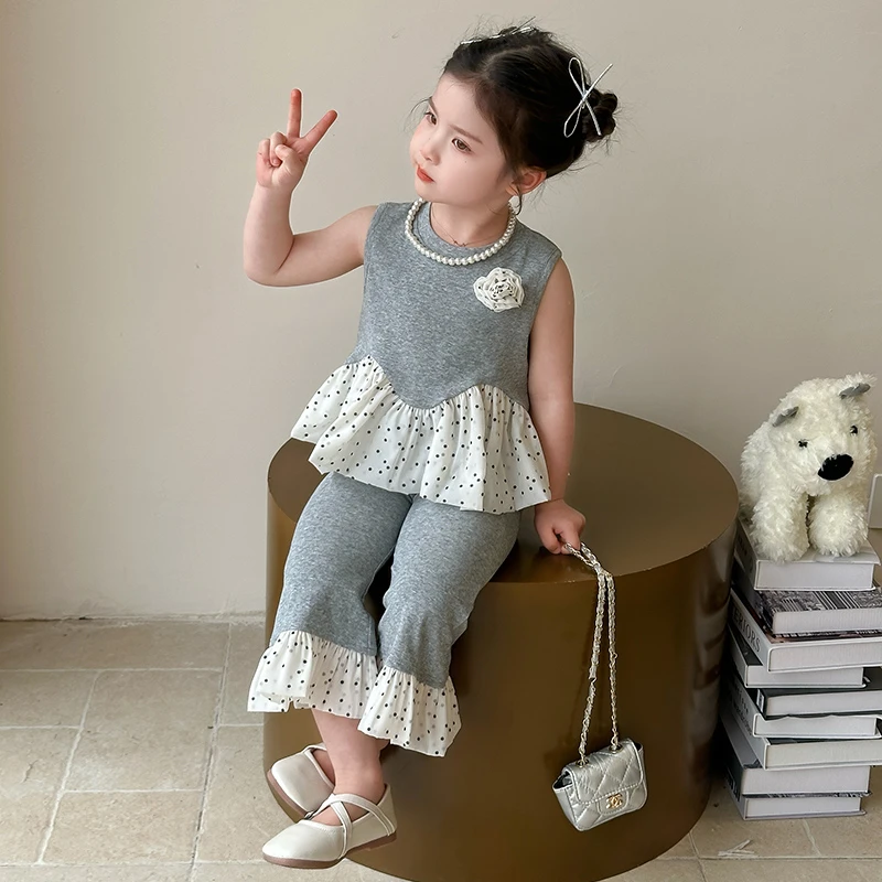 女童韩系套装2025夏季新款儿童宝宝洋气荷叶边背心微喇叭两件套潮