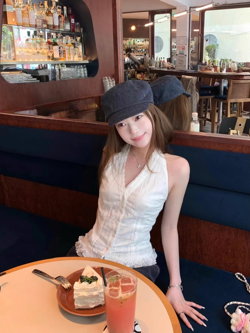 Halo nini 夏日栀子小香风设计显瘦挂脖修身上衣韩系蕾丝吊带夏女