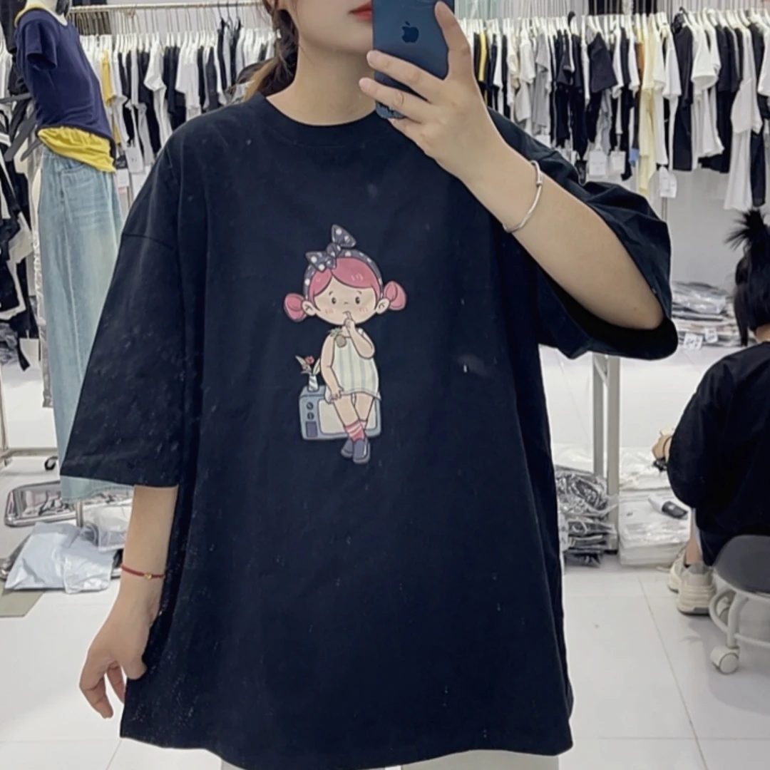 极简风字卡通宽松型短袖可爱风T恤大版夏季百搭韩版学院风