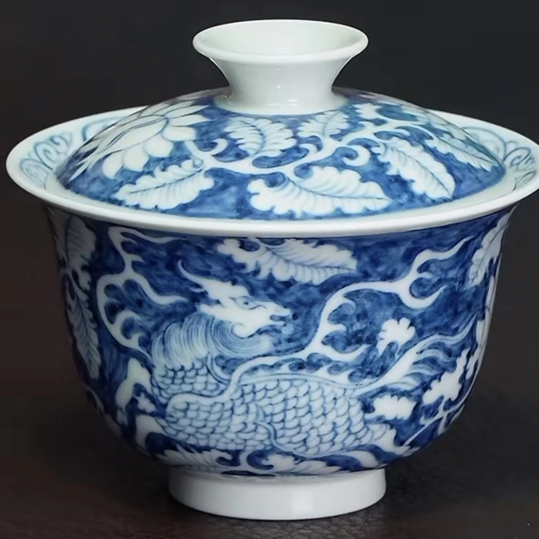 仿元青花麒麟引凤120cc岩茶青花瓷盖碗茶具高温烧制全手工制作