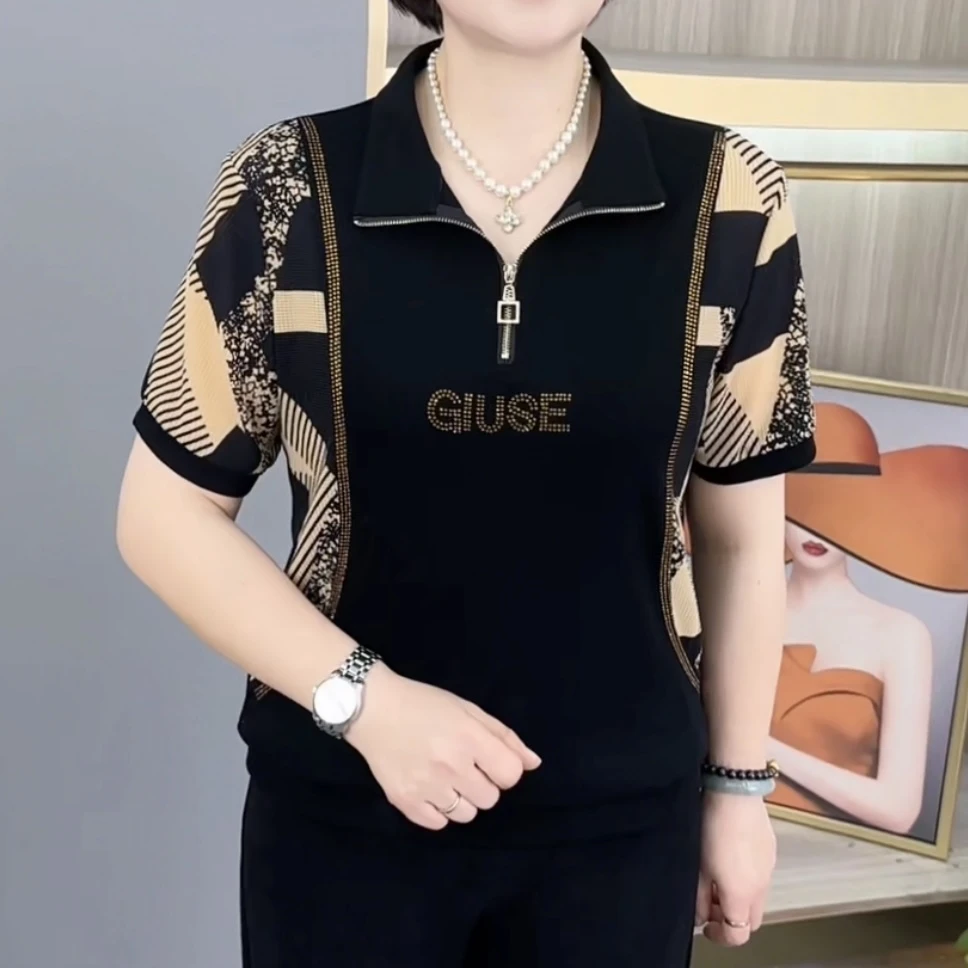 夏季新款时尚立领中年气质妈妈装宽松减龄显瘦短袖女士上衣H8973