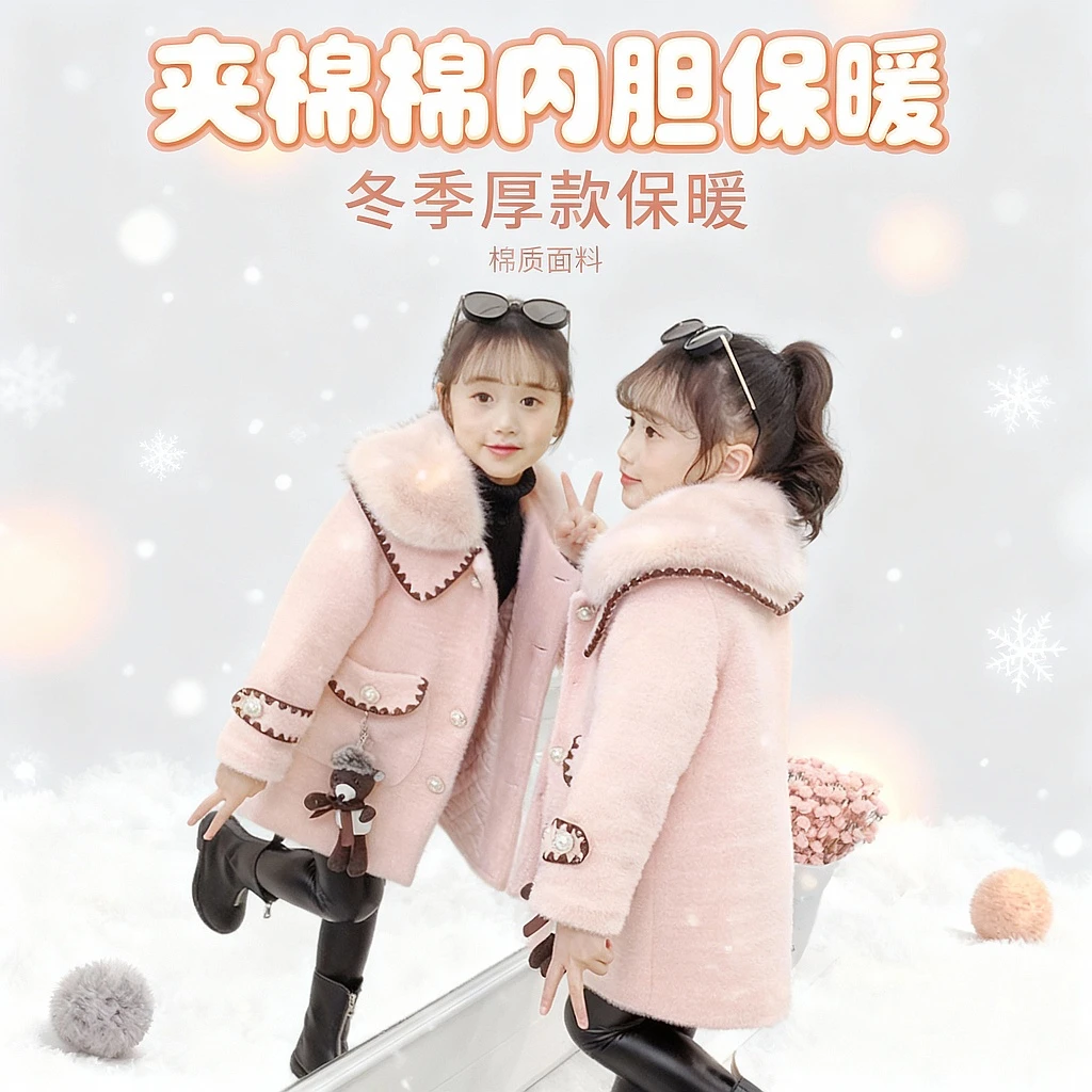 女童毛呢外套冬装2025新款秋冬中大童洋气夹棉儿童装水貂绒呢大衣