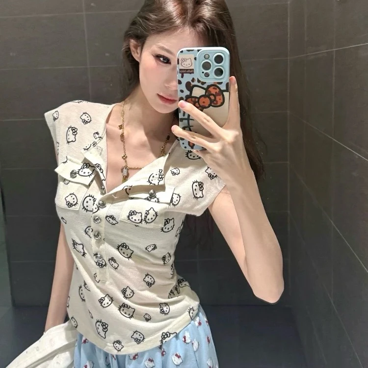 （浠儿姐姐）圆领无袖T恤女夏季kt猫印花甜美减龄修身显瘦短上衣