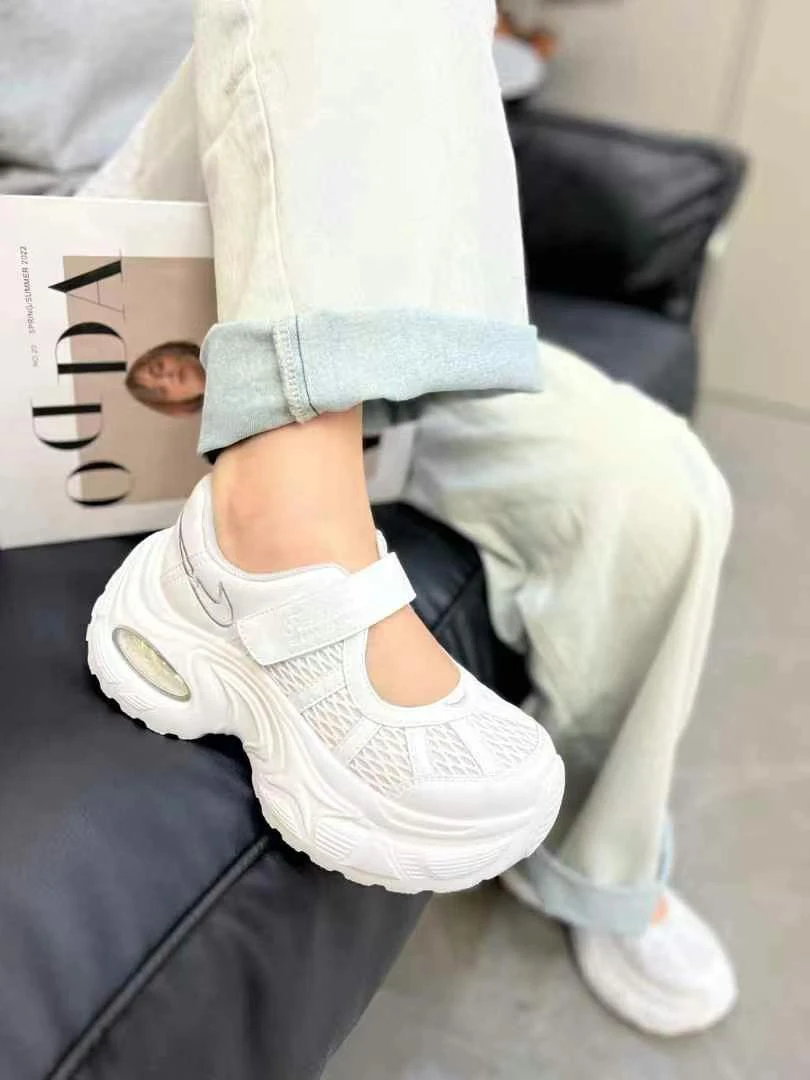 米新款 魔术贴网面透气老爹鞋女2025夏季真皮增高玛丽珍休闲运动