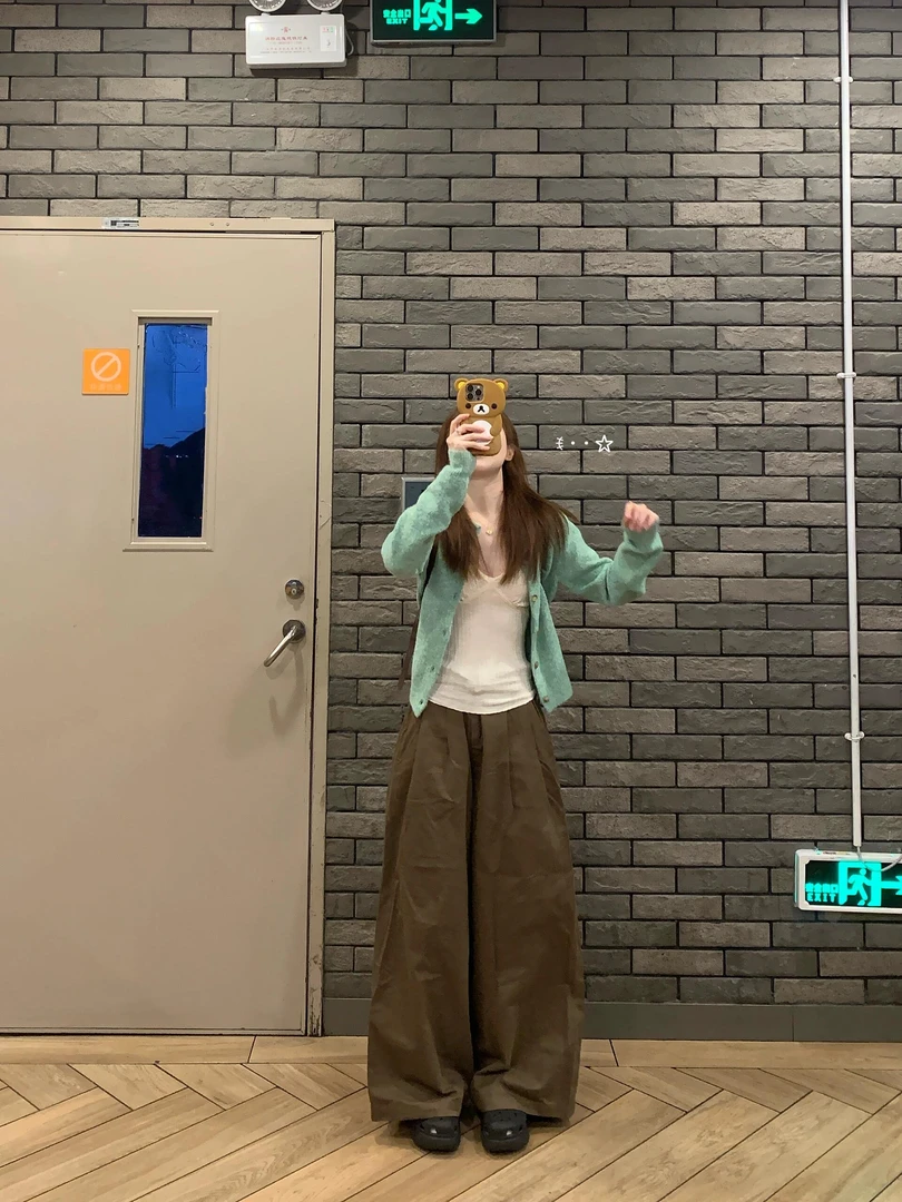 2025秋季新款森系小清新穿搭气质针织开衫上衣高腰复古阔腿裤套装