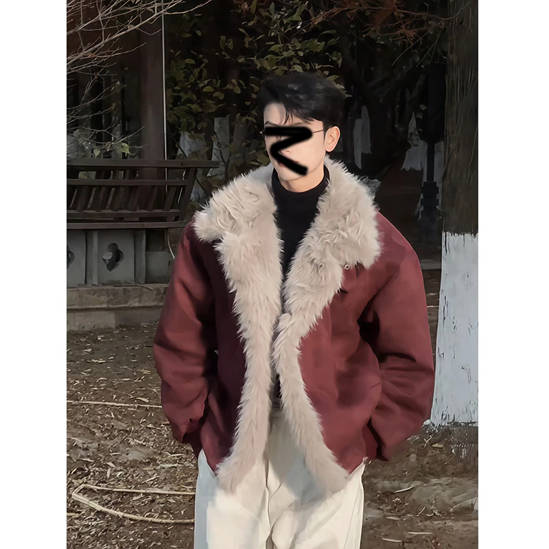 皮毛一体座山雕外套男款秋冬加厚保暖仿麂皮绒棉衣短款大毛领棉服