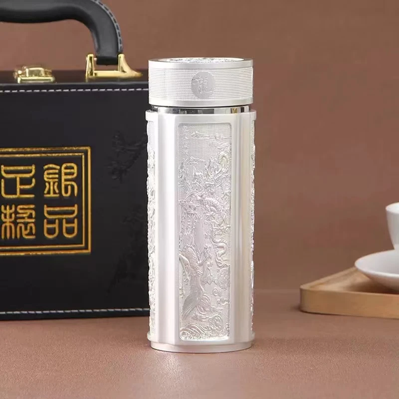 【龙凤款】龙凤银杯保温杯礼盒商务礼品隔热银离子中式大容量银水杯