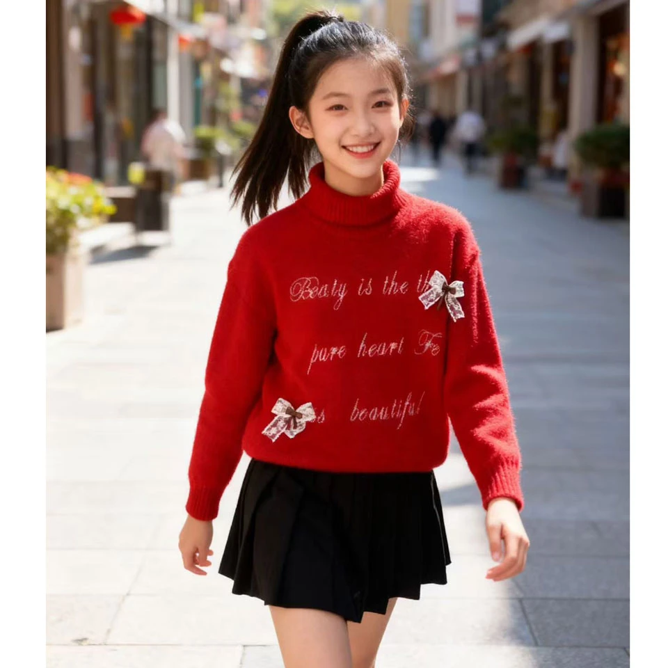 女童毛衣冬季加厚儿童秋冬款圆领针织衫女孩套头中大童打底上衣