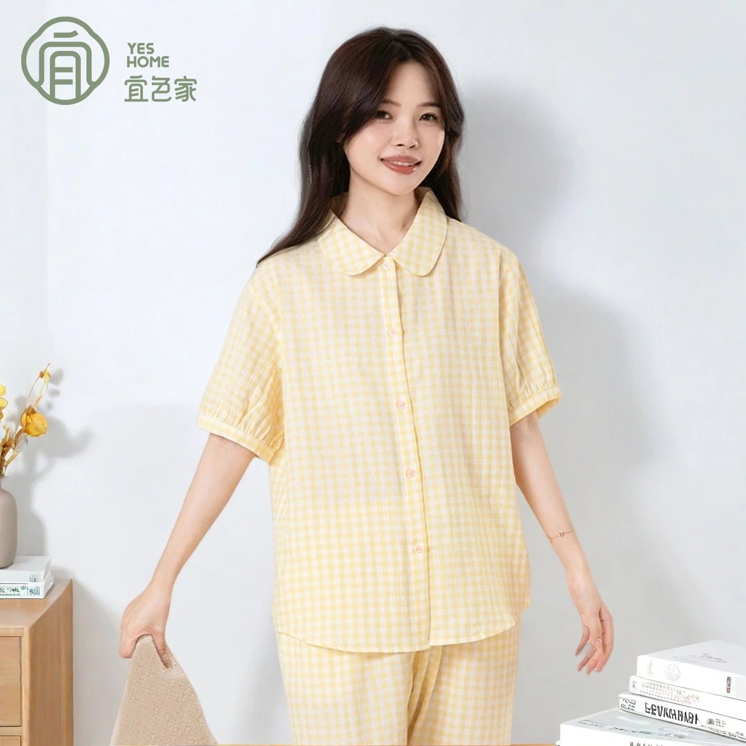 宜色家情侣夏季女士衬衫睡衣2025新款纯棉中老年短袖家居服套装女