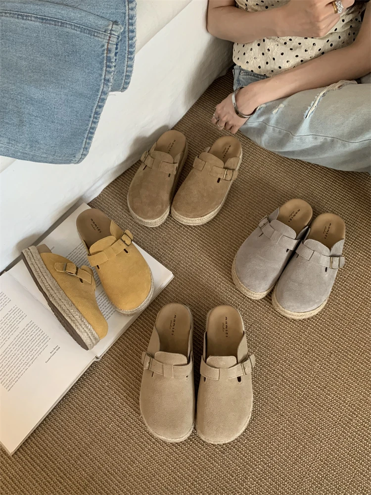 A058-169复古增高包头勃肯鞋草编厚底懒人一脚蹬半托凉拖女鞋