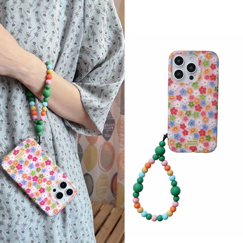ins多巴胺萌趣小花带彩色手链珠适用苹果16/14手机壳iphone15防摔