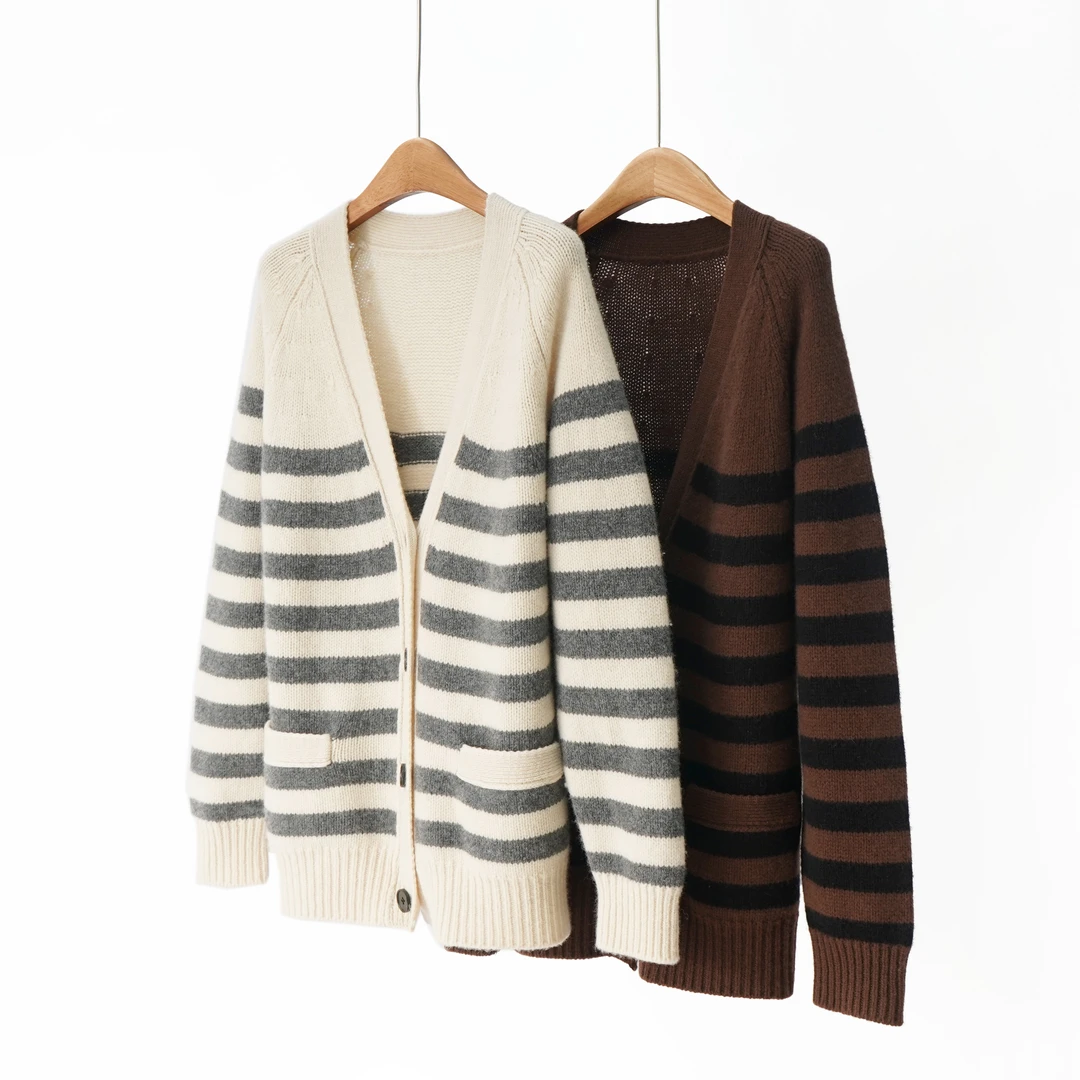 【YS12396】Ed+2025冬季新款100%羊毛条纹气质V领针织开衫外套女