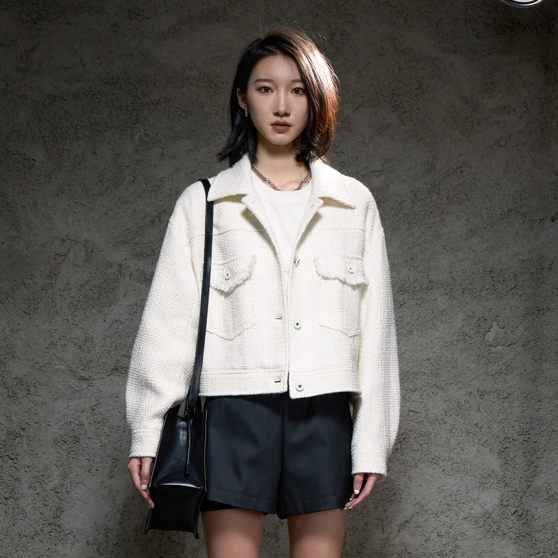 U/TI 粗花呢极简风毛边设计感白色百搭颜值短款时尚小香风短外套