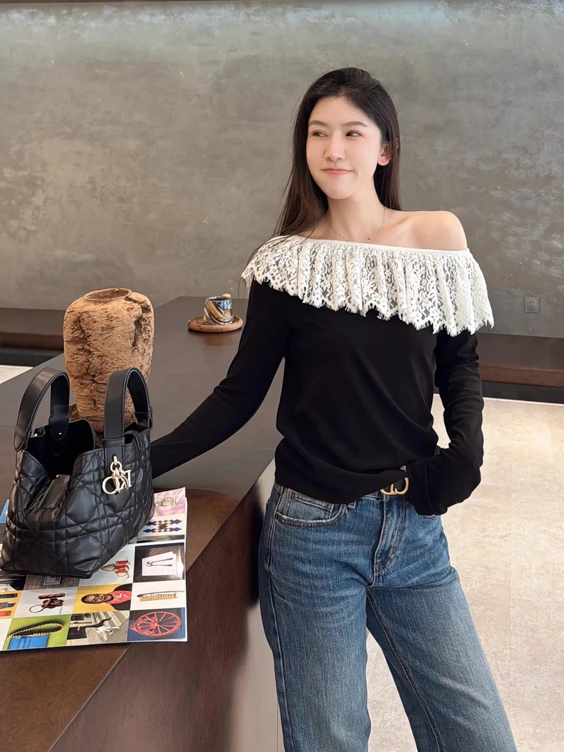 【钰姐精选】3927-一字领蕾丝显瘦气质针织小衫修身法式百搭时尚
