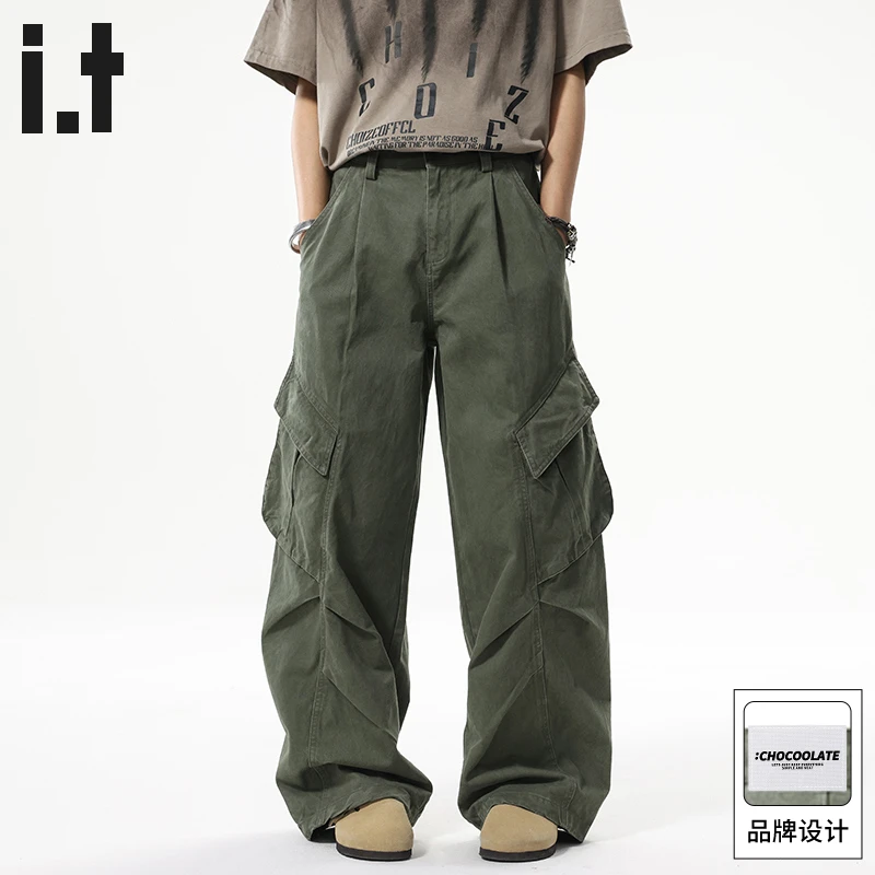 it：CHOCOOLATE军绿色工装裤男2025秋季新款阔腿裤男士纯棉休闲裤