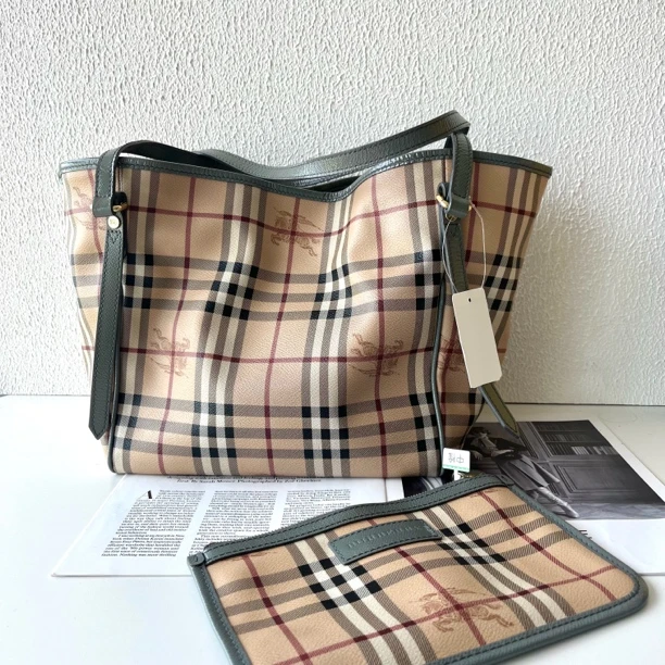 95新 BURBERRY/博柏利 XM/水泥灰绿战马格纹子母托特包HD03923535