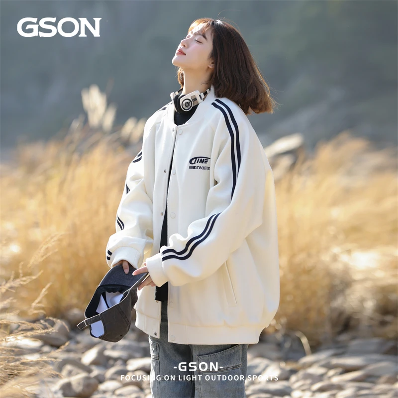 GSON潮牌男女款撞色条纹棒球服春季复古宽松休闲夹克情侣装外套男