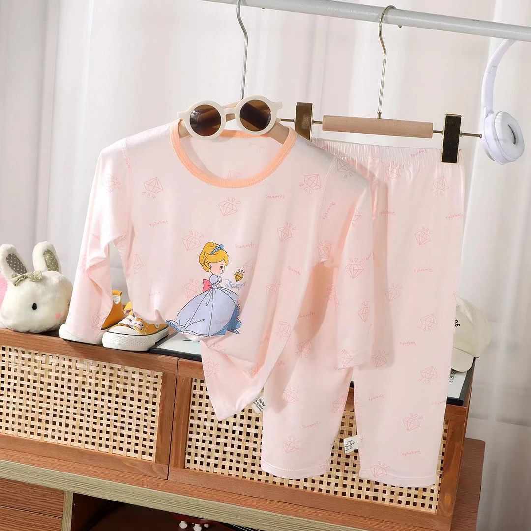 夏季新款儿童舒适莫代尔柔软七分款薄款印花家居服套装睡衣空调服