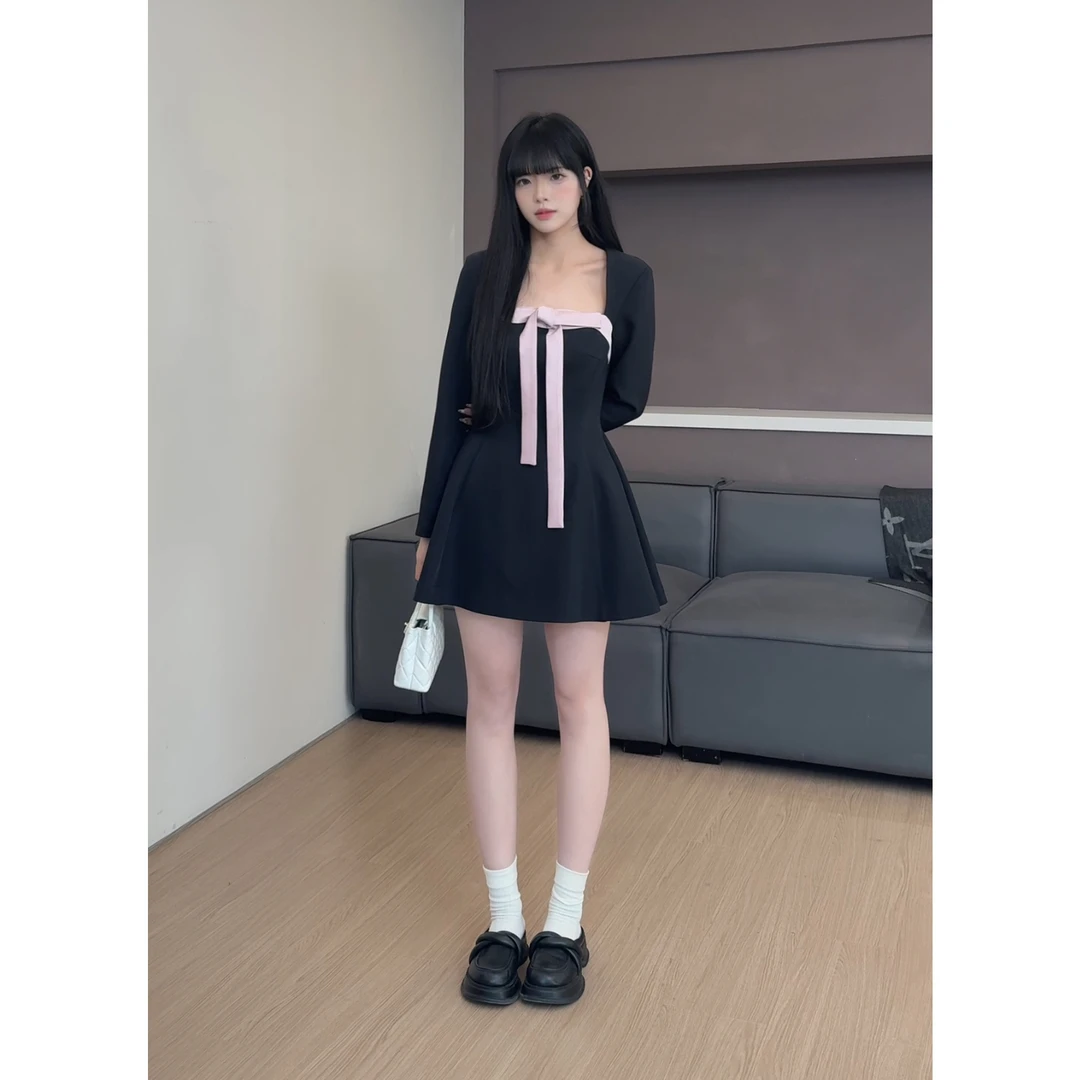 RICHINCHEESE 古堡千金 蝴蝶结连衣裙显瘦长袖收腰时尚设计师撞色