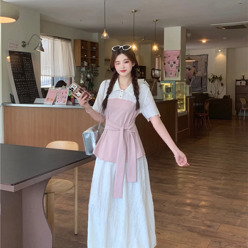 大码女装微胖mm撞色短袖上衣夏季巨显瘦遮肚花苞半身裙套装