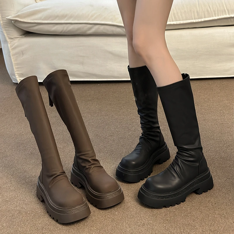 厚底不过膝靴子女2025新款小个子长筒靴秋冬骑士靴弹力加绒瘦瘦靴