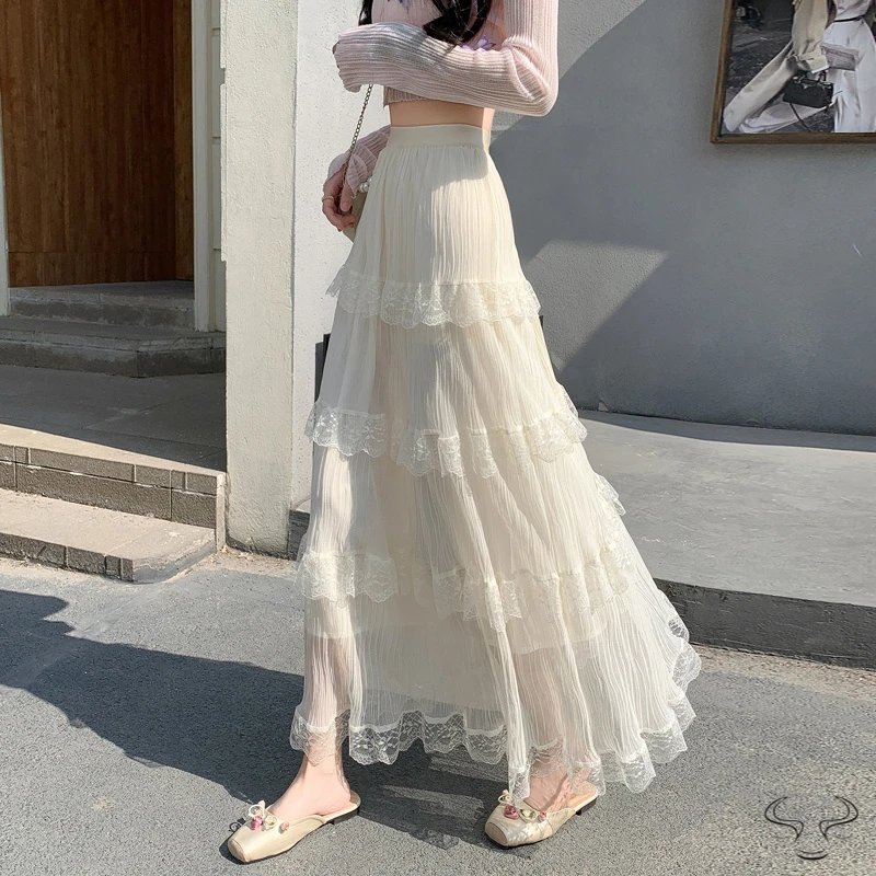 蕾丝拼接半身裙女春季新款宽松中长蛋糕裙字大摆半裙子