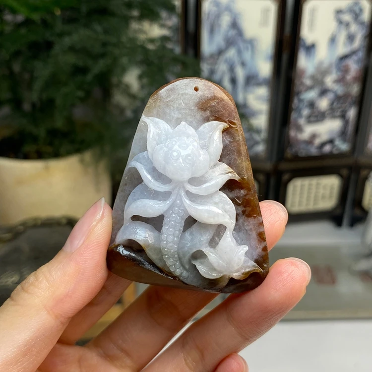 毛货 俏色红翡花开富贵莲花挂件  天然翡翠A货