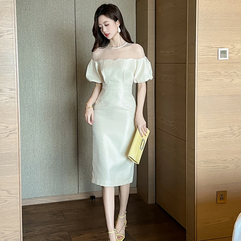 夏季修身包臀气质名媛法式收腰泡泡袖圆领宴会连衣裙21312