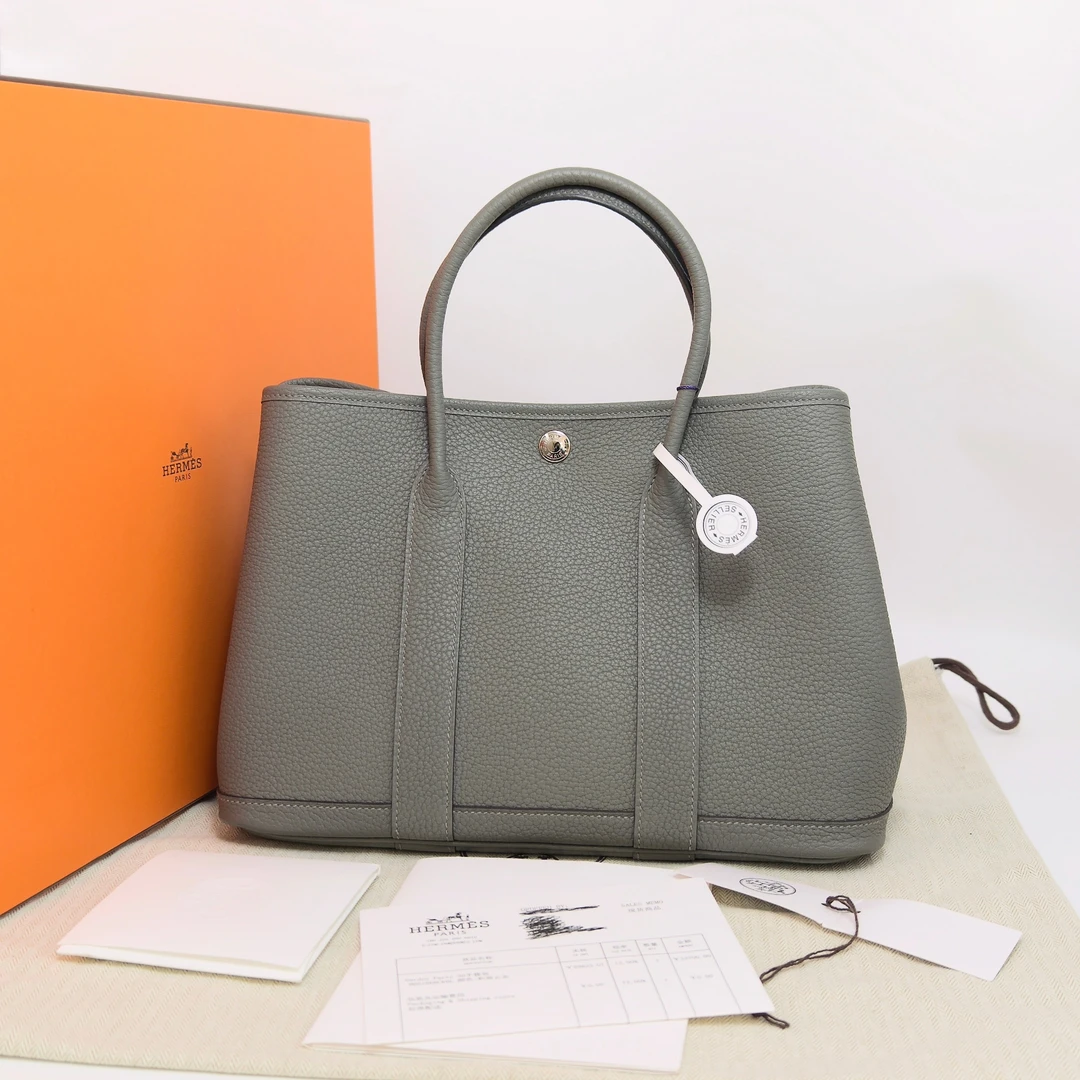 95新 Hermes/爱马仕 积雨云灰银扣花园30手提包 30270