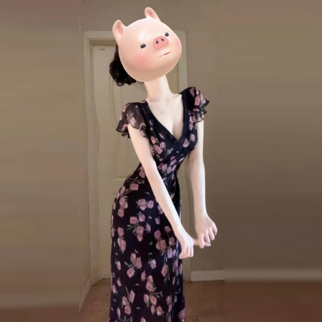 法式小飞袖黑色碎花连衣裙子女夏季2025年新款高级感气质包臀长裙