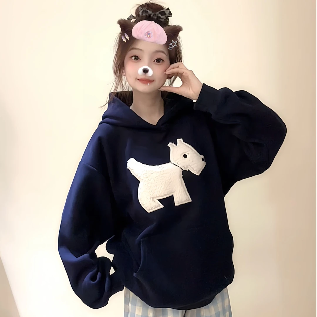 【帝韵】新款韩版小狗刺绣连帽卫衣早春外套女春秋宽松百搭长袖上衣