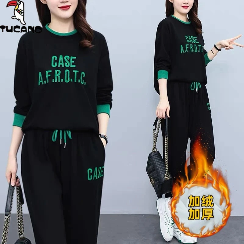 啄木鸟加绒加厚运动卫衣套装女时尚洋气秋冬新款大码宽松两件套