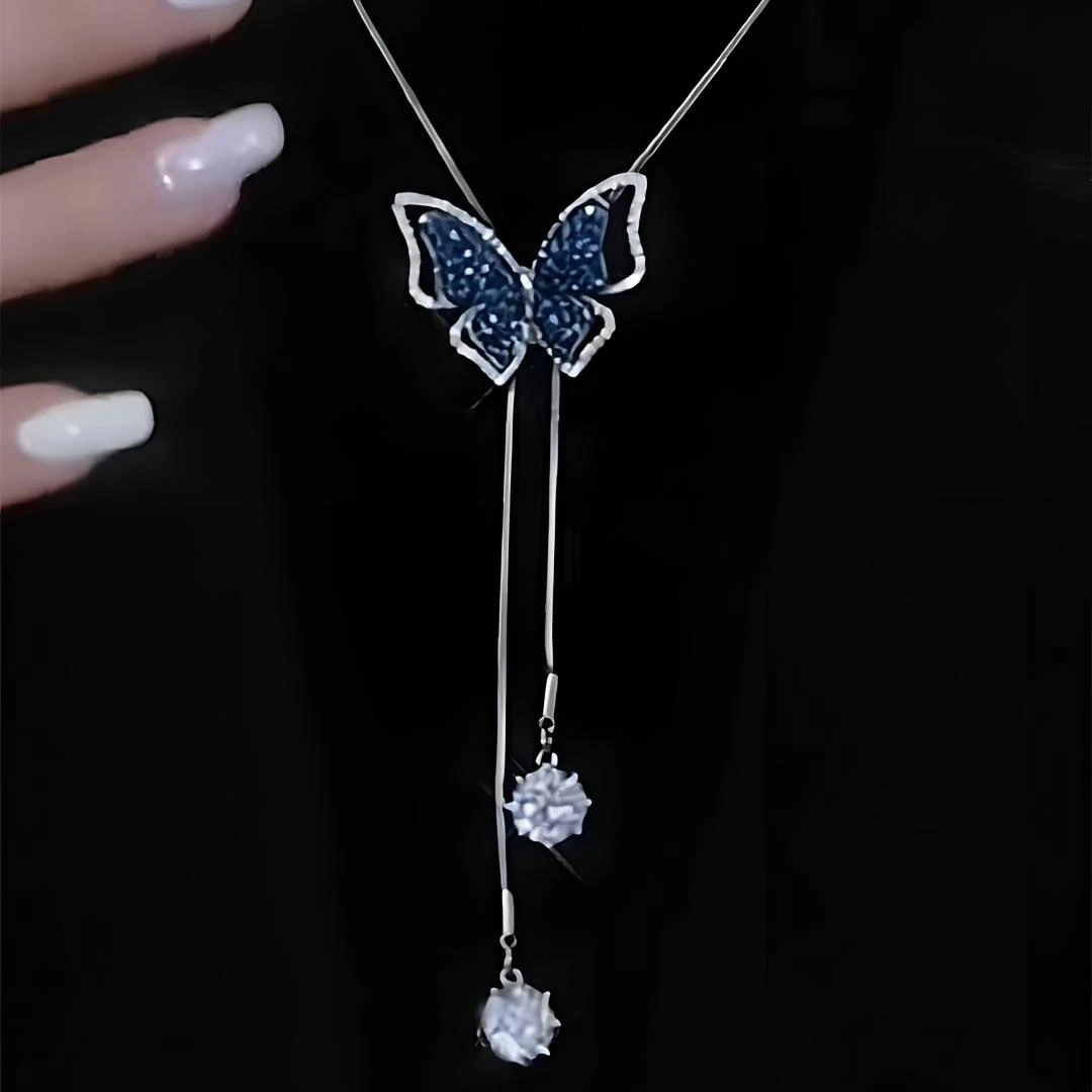 铜合金项链 高级感蓝色蝴蝶项链女秋冬新款高档长款毛衣链配饰品