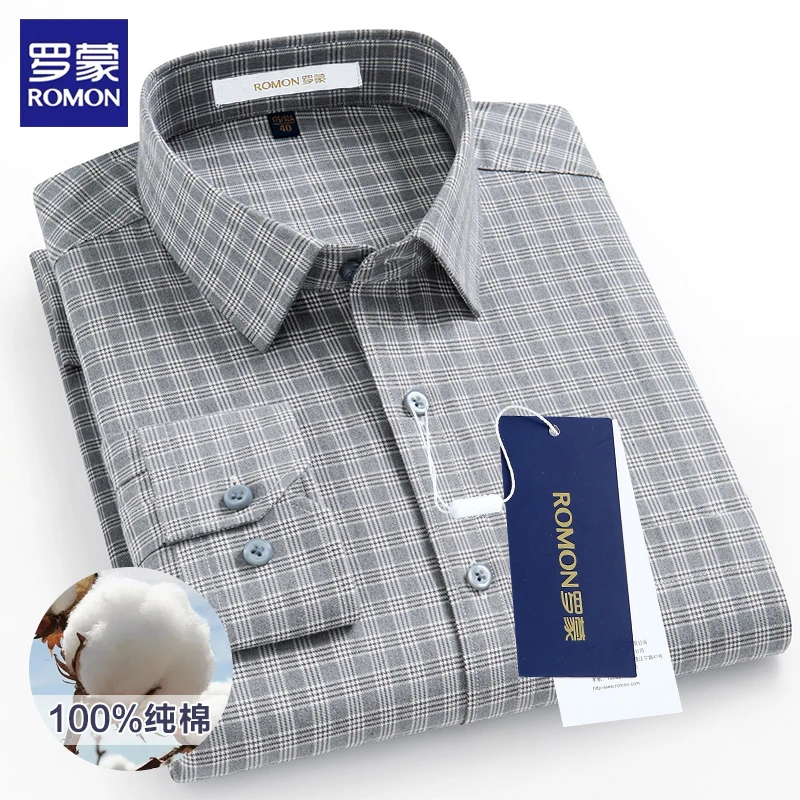 罗蒙正品男士格子长袖衬衫高档100%纯棉磨毛中年轻奢商务休闲衬衣