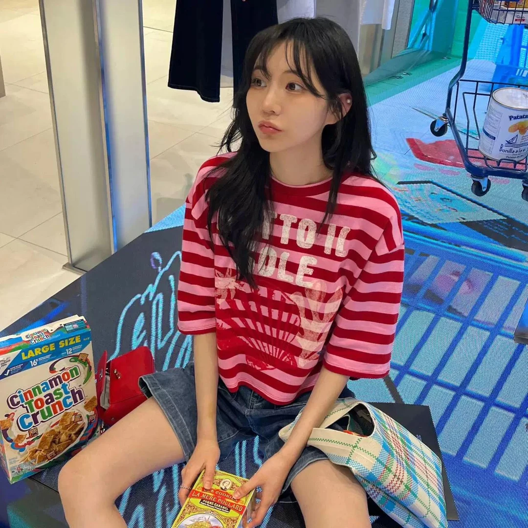 韩国贝家条纹短袖t恤女2025新款夏季宽松设计感小众遮肉