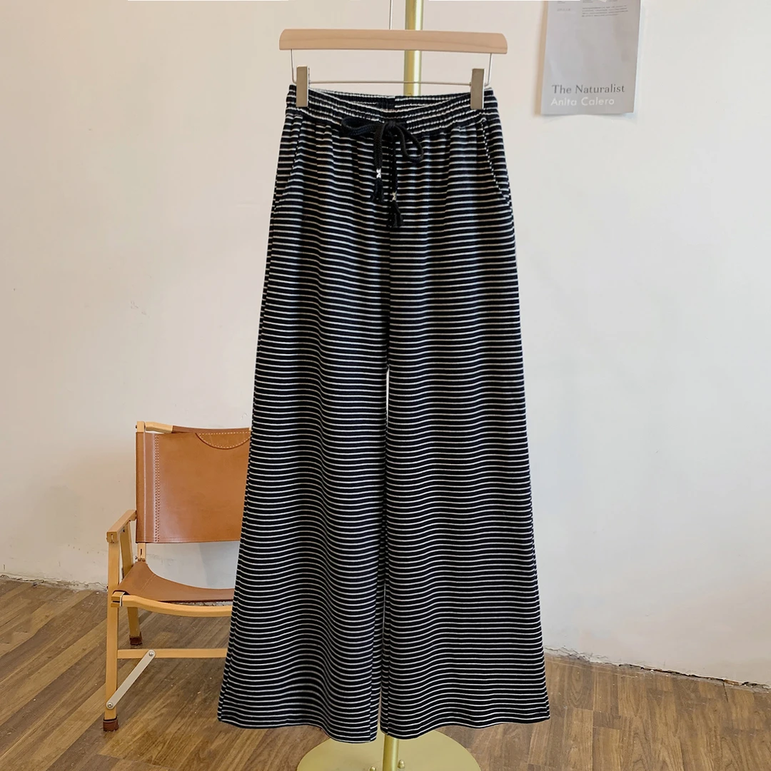 松弛感C4709条纹松紧腰系带阔腿裤